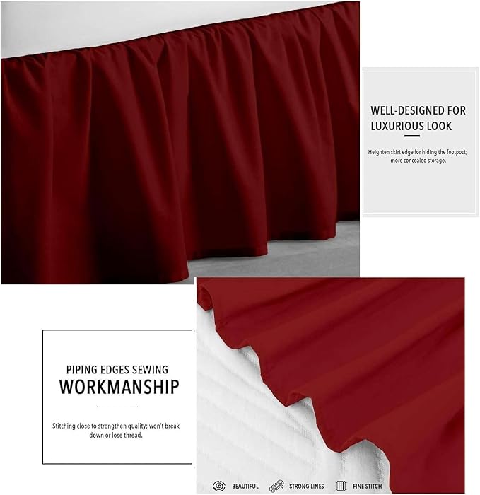 Burgundy Solid Ruffled Bed Skirt Queen-XL-22 Inch Drop Split Corner, Microfiber Bedskirt with Platform Three Sided Coverage