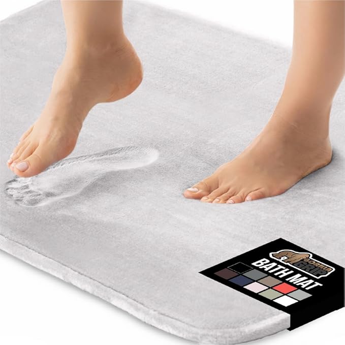 GORILLA GRIP Memory Foam Bath Rugs, Soft Absorbent Velvet Bathroom Mats, Durable Dots on Underside, Machine Washable Bathmat, Carpet Rug Room Decor for Shower Floor, 60x24 Mat, Light Gray
