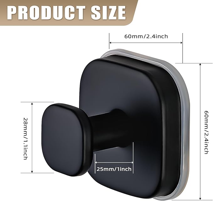 Suction Cup Hooks for Shower - Resuable Bathroom Hooks for Towels, Robes & Loofah - No-Drill Mounting on Kitchen,Walls,Metal,Glass,Mirrors,Tile & Smooth Non-Porous Surfaces (2, Matte Black)
