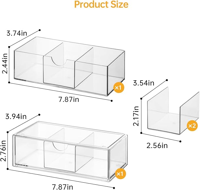 Medicine Cabinet Organizer 2 Pack, Stackable Storage Drawers with Removable Divider, Make Up Organizer for Bathroom Mirror Cabinets, Vanity, Closet, Countertop - Clear