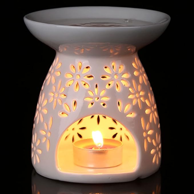 Ceramic Tea Light Holder, Aromatherapy Essential Oil Burner, Wax Warmer, Tealight Holder with White Floral Pattern for Home Decoration, 2PCS