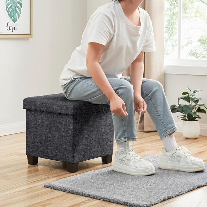 Ornavo Home 15 Inch Folding Storage Ottoman with Storage, Square Cube Linen Small Storage Ottoman Foot Rest Stool with Legs - Dark Gray