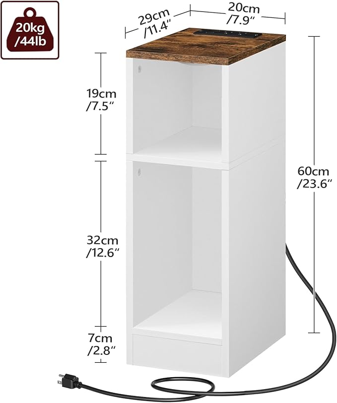 Narrow Nightstand, Slim End Table with Charging Station and LED Sensor Light, Modern Side Table, Bedside Table, for Small Spaces, Living Room, Bedroom, Rustic Brown and White ETBR30E01