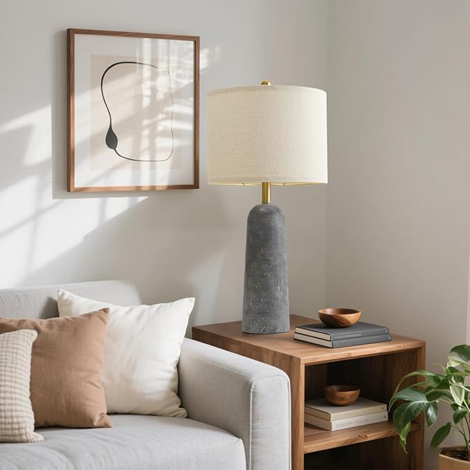 BOBOMOMO 27.25" Modern Table Lamp Set of 2, Gray Resin Lamp with Natural Stone Look, Lamps for Living Room with Linen Shades, Nightstand Lamp for Bedroom, Living Room, Entryway