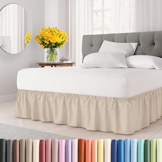 Wrap Around Dust Ruffle Bed Skirt - Wheat - Twin/Twin XL Size Beds w/ 15 Inch Drop - Easy Fit Elastic Strap - Adjustable Pleated Bedskirt w/Brushed Fabric - Wrinkle Free - Women, Men, Kids & Teens