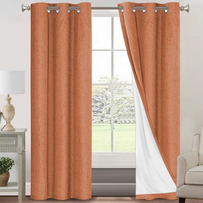 PrinceDeco 100% Blackout Curtains 84 inch Length 2 Panels Set Anti-Rust Grommet Linen Textured Curtains for Bedroom Solid Full Blackout Thermal Insulated with White Liner, Orange, 42" W x 84" L