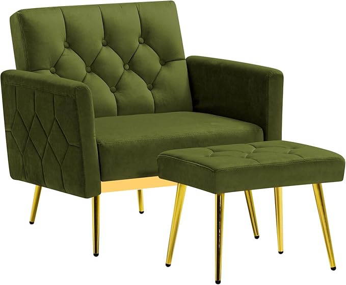Velvet Accent Chair w/Adjustable Armrests and Backrests, Tufted Single Sofa with Ottoman, Upholstered Reading Chiar for Living Room, Apartment, Bedroom, Olive Green