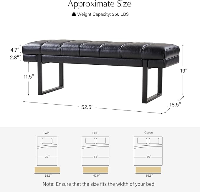HULALA HOME 53" Faux Leather Entryway Bench, Button Tufted End of Bed Bench Ottoman for Bedroom, Living Room with Metal Base,Black