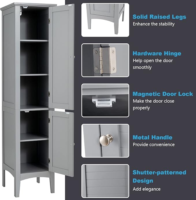 Tangkula Tall Bathroom Storage Cabinet, 5-Tier Wooden Freestanding Tower Cabinet Floor Organizer, Narrow Storage Floor Cabinet w/2 Doors & Shelves for Bathroom Living Room Kitchen (Grey)