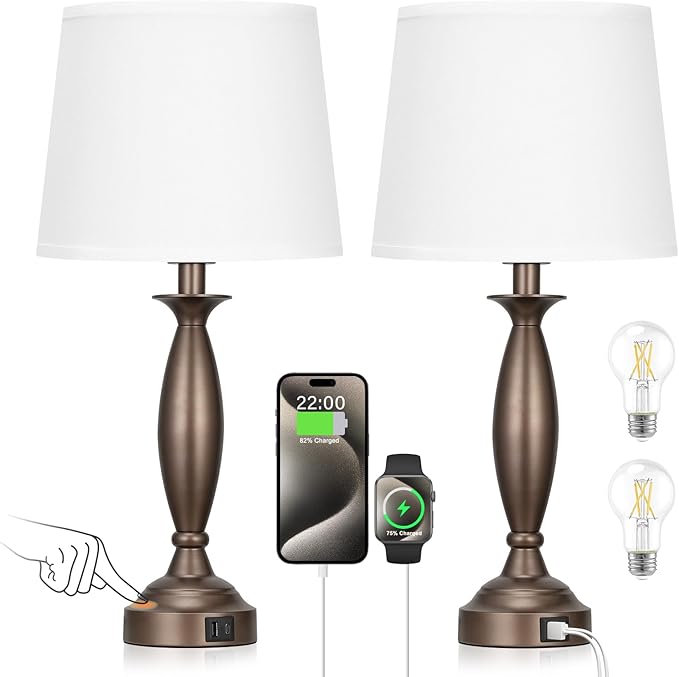 Seealle White Brown Lamps for Bedrooms Set of 2 - Touch Control Bedside Lamp with USB C+A, 3 Way Dimmable Nightstand Lamps with USB Port, Table Lamp for Living Room(White Shade and Brown Base)