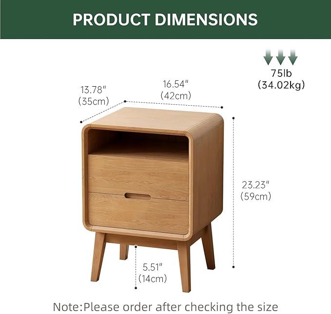 Solid Wood Nightstand Set of 2, Mid Century Modern Nightstand with Drawers, Natural Wood Nightstand with Storage, Wooden Night Stand, Small Nightstands, Bedside Table for Bedroom(23.23" H)