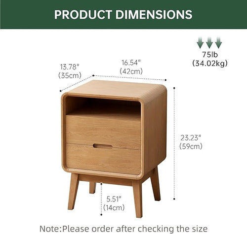 100% Solid Oak Wood Nightstand with 2 Drawers, Mid Century Modern Night Stand with Open Shelf, Wooden Nightstand, Small Night Stand for Small Spaces, Oak Bedside Table for Bedroom(23.23" H)