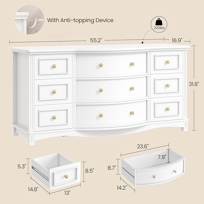9-Drawer Chest, Wide Dresser with 3 Large Arc Fronts,Roman Column Decor, Spacious Bedroom Storage Furniture, 55 Inch Long (White, 9 Drawer)