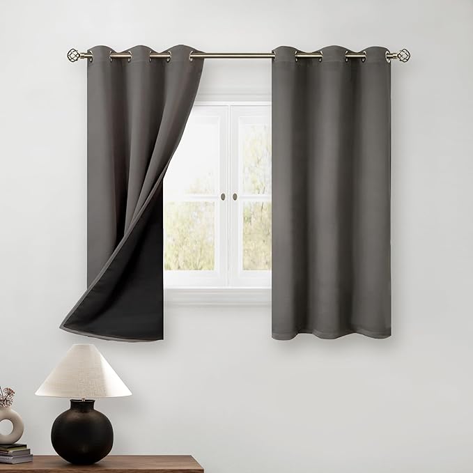 BGment Short 100% Blackout Curtains for Bedroom, Thermal Insulated Energy Efficiency Noise Reducing Grommet Curtains 54 Inch Length with Liner for Small Window 2 Panels Each 42 Inch Wide, Grey