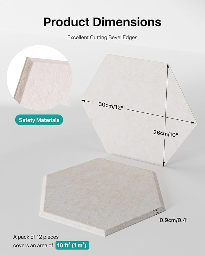 Soundsbay Acoustic Panels, 18 Pack Hexagon Soundproof Wall Panels High Density Sound Absorbing Panel, Sound Proof Foam Panels for Walls, Office, Reccording Studio, Ceiling 12" X 10" X 0.4", Beige