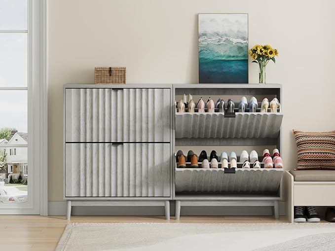 Shoe Storage Cabinet with 2 Flip Drawers, Walnut Fluted Narrow for Entryway, Slim Shoe Rack Cabinet Organizer 31.5in (Gray)
