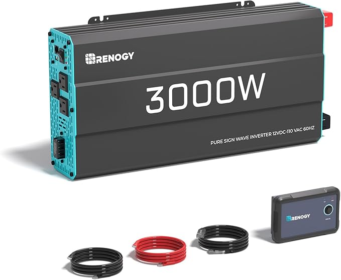 Renogy Inverter P2 3000 watt Pure Sine Wave Inverter, Solar Car Power Inverter 12V to 120V AC Converter for RV, Truck, Camping, Home Backup, Outdoor, Emergency, Off-Grid Living, 16.4FT Remote Control
