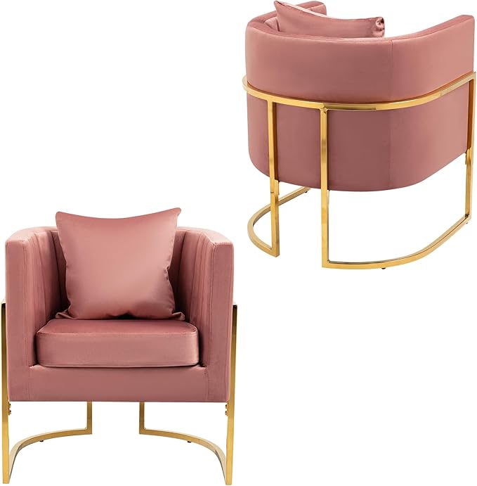 Velvet Modern Accent Chair, Upholstered Barrel Armchair Mid Century with Pillow for Living Room, Comfy Single Vanity Chair with Metal Gold Legs for Bedroom, Pink