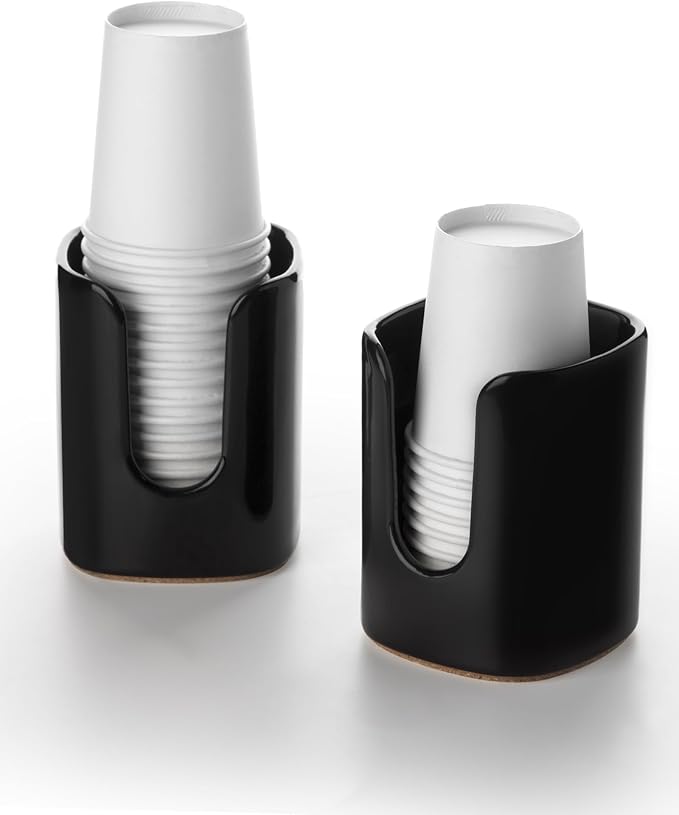 5 oz Square Ceramic Bathroom Cup Dispenser for Kids and Pregnancy - Disposable Paper Cup Holder for Mouthwash Cups on Bathroom Vanity Countertop (2 Pack, Black)