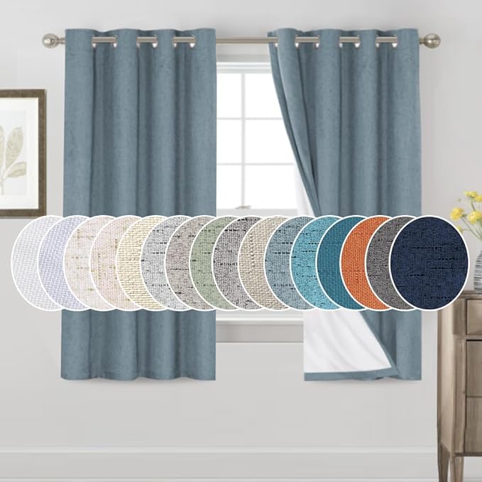 PrinceDeco Blackout Curtains 63 Inch Length Stone Blue Short Blackout Curtains for Bedroom Living Room Anti-Rust Grommet Thermal Insulated with White Liner, 52" W x 63" L, 2 Panels Set