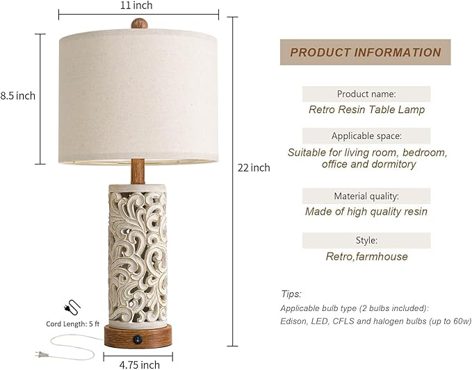 OYEARS 22'' Table Lamp Set of 2 for Living Room,Farmhouse Lamp for for Bedroom,Vintage Retro Bedside Lamps with USB Ports Linen Shade for Home Office (Brown, Bulb Included)