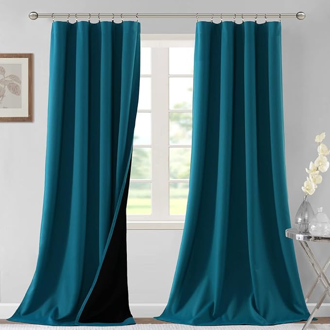 H.VERSAILTEX 100% Blackout Curtains for Bedroom Thermal Insulated Blackout Curtains for Living Room 96 Inches Long Rod Pocket Curtains with Black Liner 2 Panels Set, Dark Teal