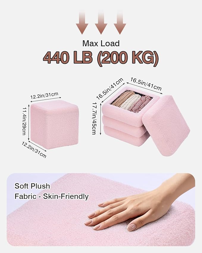 2-Piece Heavy-Duty Nesting Storage Ottoman Set, 440LBS Capacity Square Upholstered Vanity Stool with Lift-Top Storage for Living Room/Bedroom, Space-Saving Seating & Footrest, Pink UASND69P