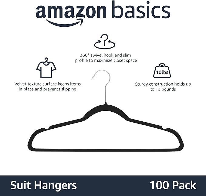 Amazon Basics Slim Velvet, Non-Slip Suit Clothes Hangers, Pack of 100, Black