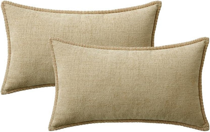 MIULEE Pack of 2 Couch Throw Pillow Covers 12x20 Inch Beige Farmhouse Decorative Pillow Covers with Stitched Edge Soft Chenille Solid Dyed Spring Pillow Covers for Sofa Bed Living Room