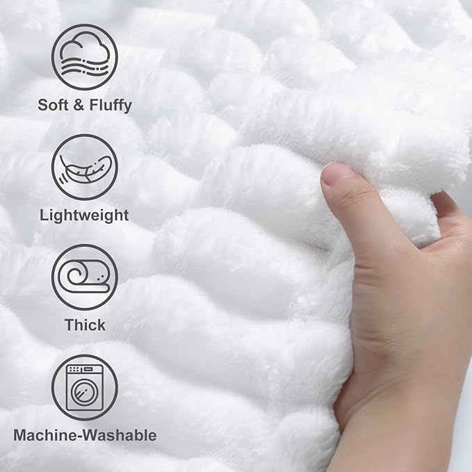 decorUhome Christmas Soft Fleece White Twin Blanket for Bed, Cozy Fluffy Plush Flannel Striped Throws for Couch Sofa, Lightweight Decorative Ribbed Fuzzy Blanket for Woman, 60x80 Inches