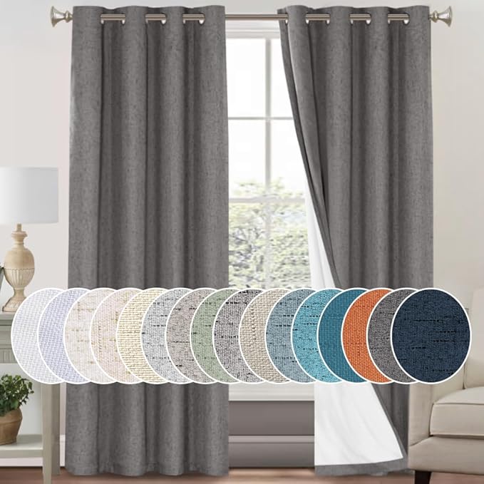 PrinceDeco Primitive Textured Linen 100% Blackout Curtains for Bedroom/Living Room Energy Saving Window Treatment Curtain Drapes, Burlap Fabric with White Thermal Insulated Liner (52 x 96 Inch, Grey)
