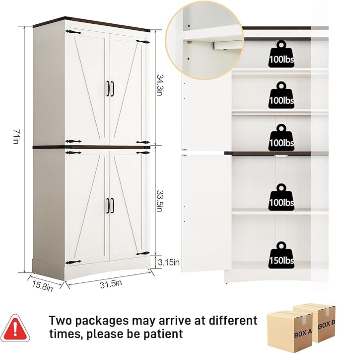 71" Tall Kitchen Pantry,Farmhouse Storage Cabinet with Adjustable Shelves,Load-Bearing Steel Pipe,Farmhouse Pantry Cabinet with 4 Barn Doors,for Kitchen,Dining Room,Living Room(Rustic White)