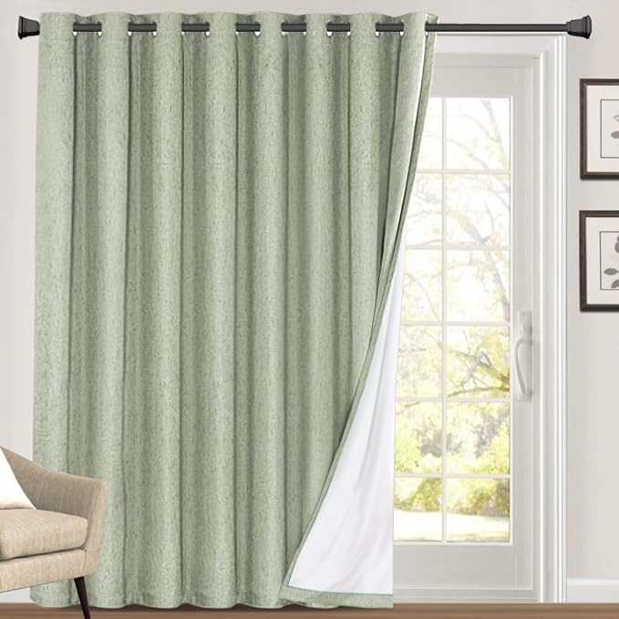 PrinceDeco Blackout Curtains for Sliding Glass Doors Linen Look Blackout Curtains for Bedroom Room Divider Sliding Glass Door Curtain for Living Room,W100 X L96 Inch, Sage