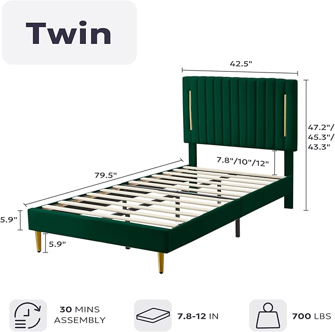 Twin Platform Bed Frame, Velvet Upholstered Bedframe with Vertical Channel Adjustable Headboard, Golden Plating Trim, Mattress Foundation with Wooden Slats, No Box Spring Needed, Green