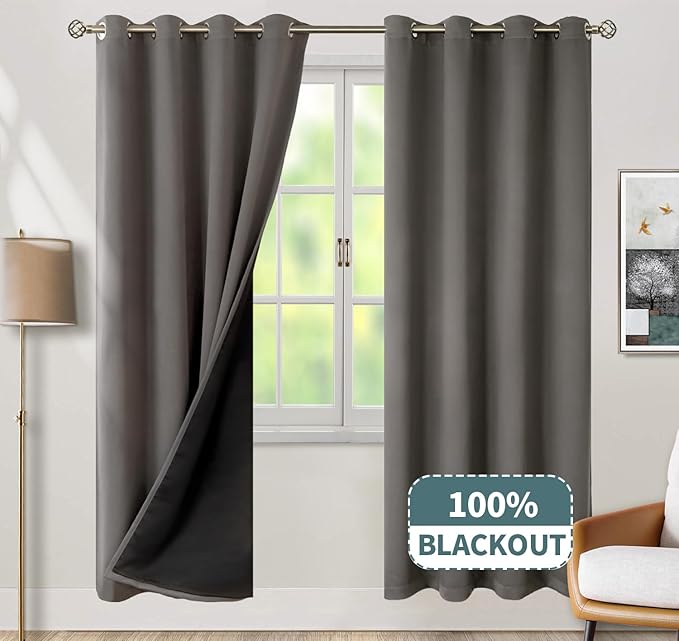 BGment Grey Blackout Curtains for Bedroom Window 84 Inch Length 2 Panels Set, 100% Light Blocking Thermal Insulated Grommet Drapes for Living Room Darkening with Black Liner, 52 Inch Wide Each