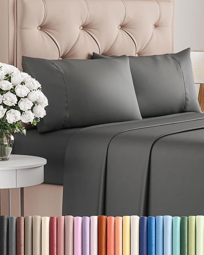 Twin XL 4 Piece Sheet Set - Cooling, Comfy & Breathable - Hotel Luxury Bedding, Includes Fitted Sheet for Women, Men, Kids & Teens - 1 Flat, 1 Fitted Sheet, 2 Pillowcases with Deep Pockets - Charcoal