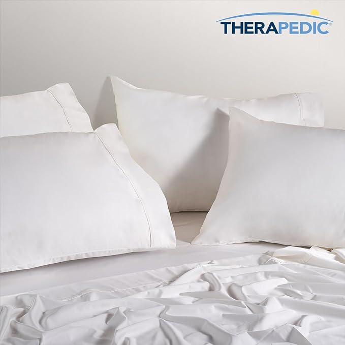 Therapedic 1000TC Queen 6-Piece Sheet Set - 100% Organic Rayon Derived from Bamboo Blend with Cooling Fiber, Ideal for Hot Sleepers - 16" Deep Pocket Fitted Sheet, Bonus Pillowcases - White