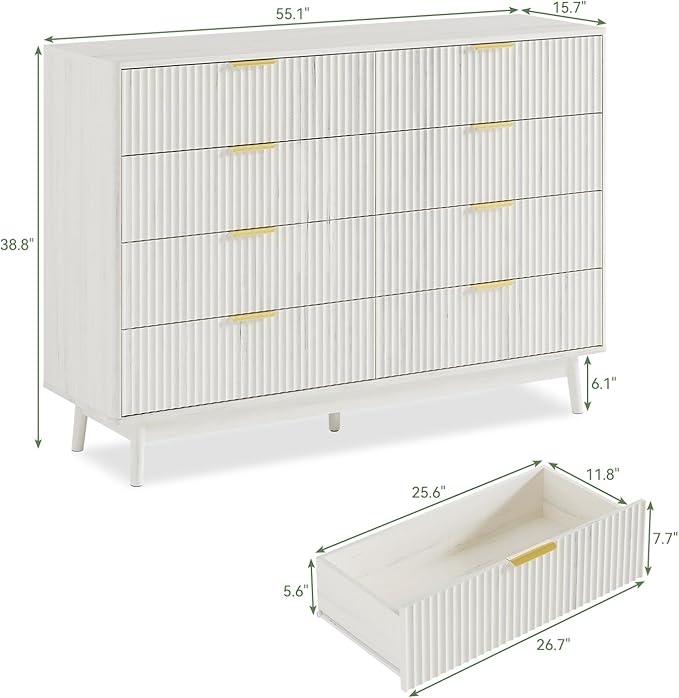 LYNSOM Fluted Dresser and Nightstand Sets 3 Piece, 9-Drawers Dresser and 1-Drawer Nightstands Set of 2, Wood Bedroom Furniture Set for Home, Bedroom, Hallway, White