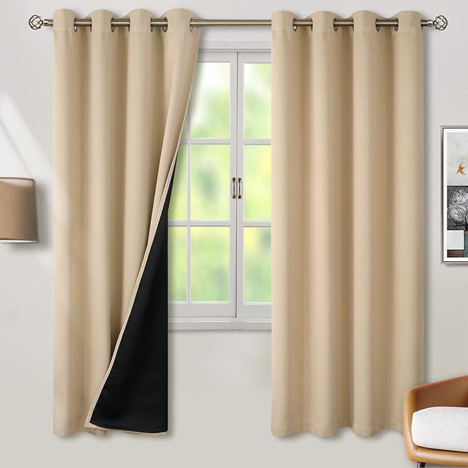 BGment Thermal Insulated 100% Blackout Curtains for Bedroom with Black Liner, Double Layer Full Room Darkening Noise Reducing Grommet Curtain (52 x 72 Inch, Beige, 2 Panels)