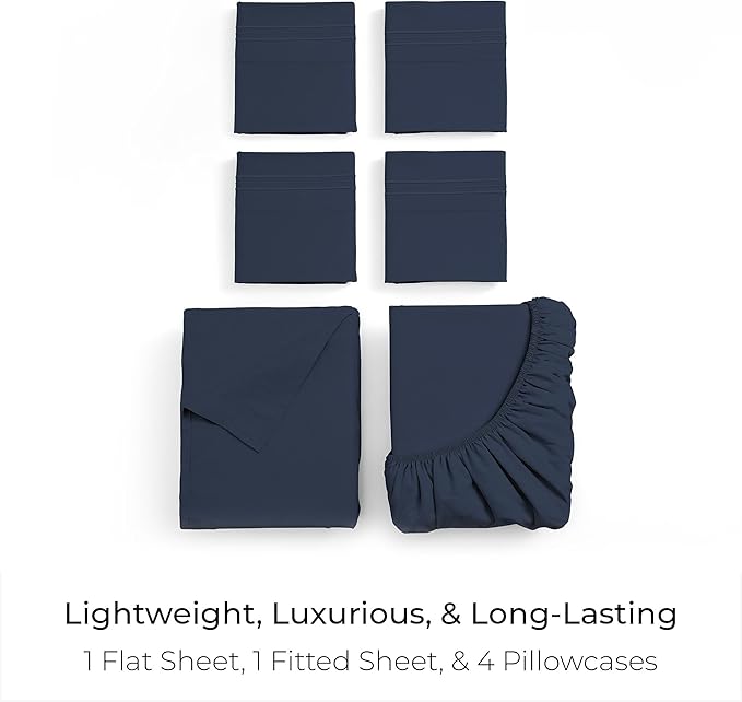 Mellanni California King Sheet Set - 6-Piece Iconic Collection Bedding, (Including 4 Pillowcases), 16-Inch Deep Pocket, Easy Care, Extra Soft, Cooling Sheets, Brushed Microfiber - Navy Blue