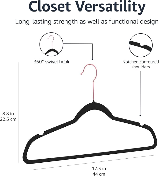 Amazon Basics Slim, Velvet, Non-Slip Suit Clothes Hangers, Black/Rose Gold - Pack of 50