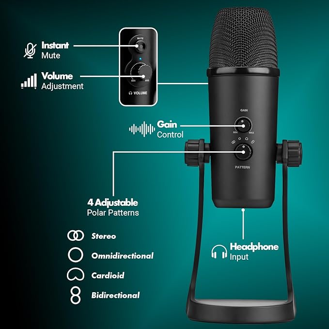 Movo UM700 Computer Condenser USB Gaming Mic with Adjustable Pickup Patterns - Microphone for PC, PS5, Podcasting, Streaming, ASMR