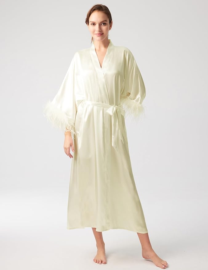 PRODESIGN Satin Kimono Robe Long Silky Bathrobe with Ostrich Feather Trim Sleepwear Wedding Bridesmaid Dressing Gown