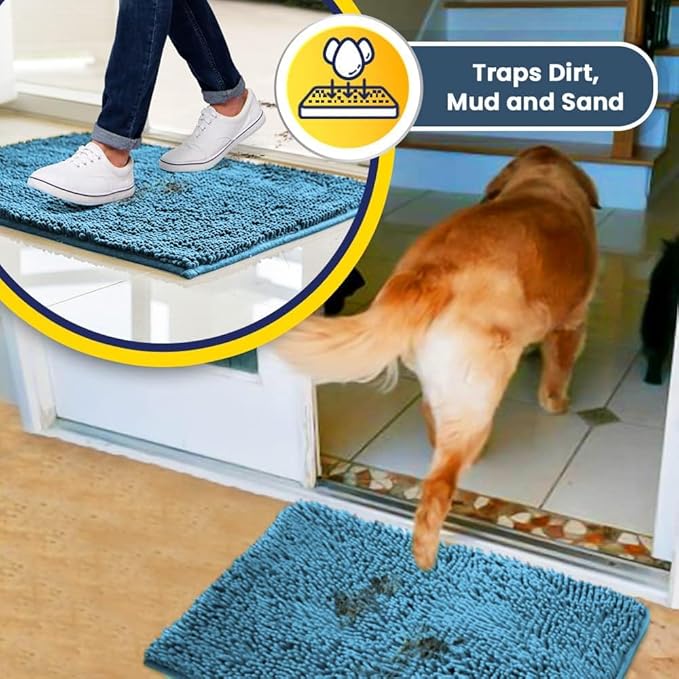Muddy Mat® | Super Absorbent Door Mat Indoor, Microfiber Quick Dry Chenille Entryway Rug, Non-Slip Front Door Mat, Indoor Mats for Entryway, Machine Washable Pet Rug, Sky Blue 24" x 96"