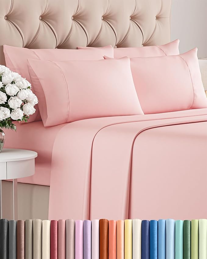 Full 6 Piece Sheet Set - Cooling, Comfy & Breathable - Hotel Luxury Bedding, Includes Fitted Sheet for Women, Men, Kids & Teens - 1 Flat, 1 Fitted Sheet, 4 Pillowcases with Deep Pockets - Baby Pink