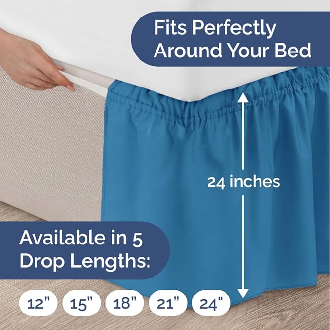 Wrap Around Dust Ruffle Bed Skirt - Denim Blue - Twin/Twin XL Size Beds with 24 Inch Drop - Elastic Strap - Adjustable Pleated Bedskirt with Brushed Fabric and Wrinkle Free - Women, Men, Kids & Teens