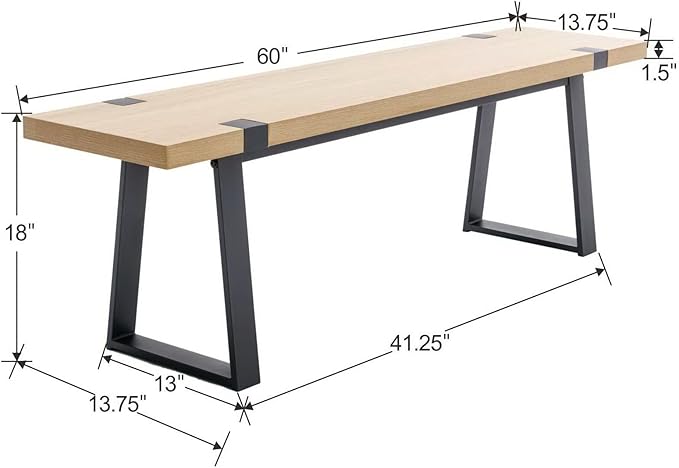 Wooden Dining Bench 60” Industrial Table Benches, Seating Chair Rustic Indoor Benches, Mid Century Kitchen Bench with Metal Legs, Light Oak