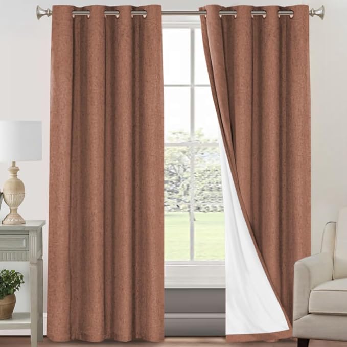 PrinceDeco Blackout Curtains for Bedroom 100% Absolutely Blackout Linen Look Curtain Draperies Anti-Rust Grommet, Thermal Insulated with White Liner, 2 Panels Set,52" W x 84" L,Washed Spice