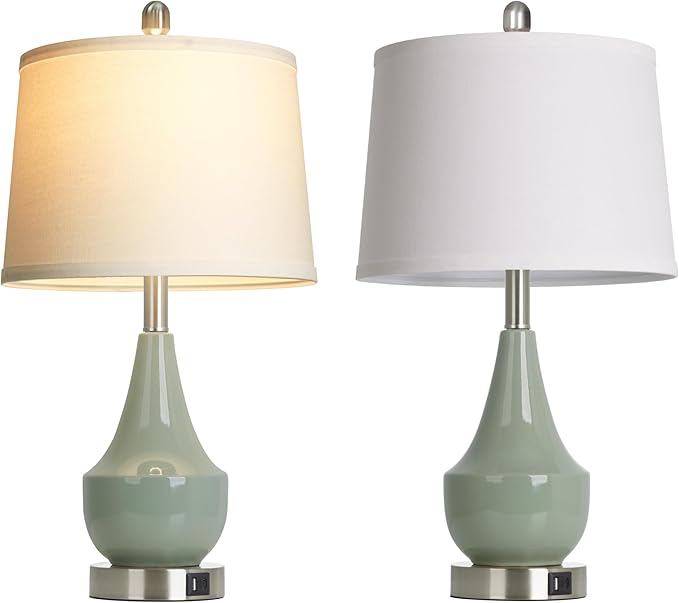 Modern Green Table Lamp Set of 2, 24" Ceramic Table Lamp with USB A+C Ports,Classic Beside Lamps Nightstand Lamp Modern Lamp for Living Room, Bedroom & Office -LED Bulbs Included