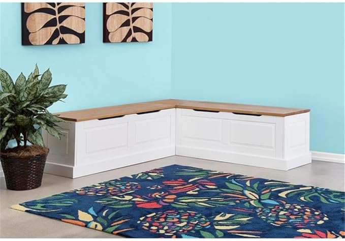 Riverbay Furniture 18" High Transitional Backless Wood Corner Kitchen Breakfast Nook Bench, with Hidden Storage, in White & Natural Finish
